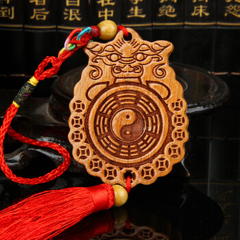 厚德居 兽头桃木镜八卦镜挂件 礼品 家居饰品 平面雕刻款金钱边