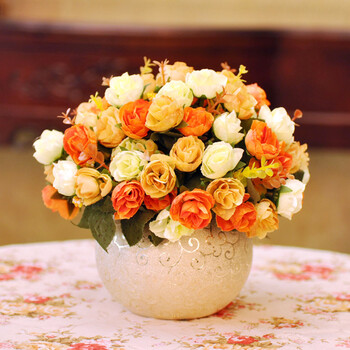 假花仿真花客厅 欧式玫瑰套装花瓶绢花卧室装饰花 餐桌花艺摆件 橙色