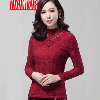 VAGANTZAR 秋冬2014新款保暖上衣大码半高领加绒加厚蕾丝打底衫 长袖 黑色 XXL