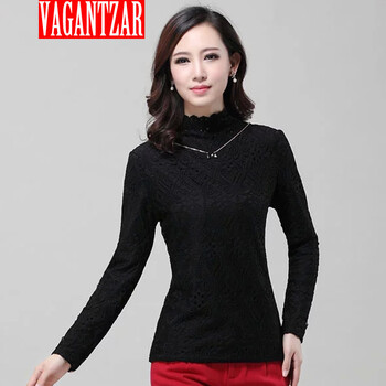 VAGANTZAR 秋冬2014新款保暖上衣大码半高领加绒加厚蕾丝打底衫 长袖 黑色 XXL