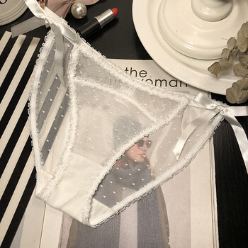 日系甜美风少女侧系带网纱性感内裤女蕾丝边小波点三角裤 白色 3444