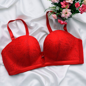 新款文胸半杯1/2罩杯女士上托聚拢调整上薄下厚印花小胸文胸胸罩 红色