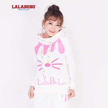 潮 LALABOBO  秋冬女装加绒连帽卫衣 可爱小猫滴油套装-上衣 白色 S