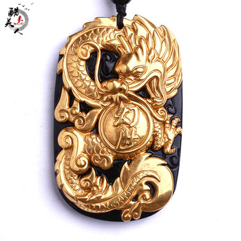 酷美人 镀金色黑曜石龙牌项链男女款生肖属龙吊坠项饰