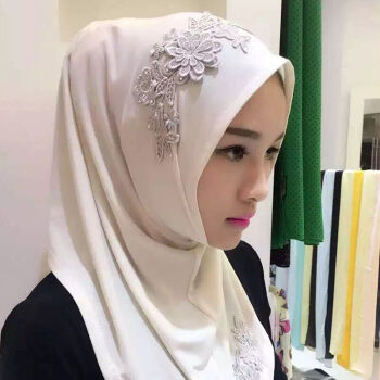 穆斯林头巾 蕾丝刺绣花套头款 女 夏季纱巾回族民族风盖头 白色