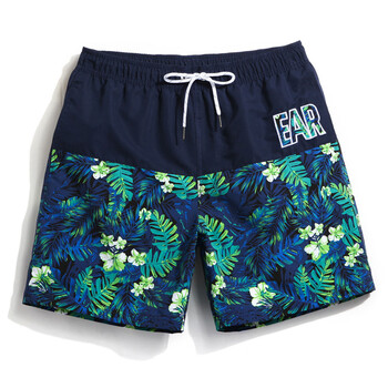 盖浪gailang韩版亲子沙滩裤男速干大码宽松休闲海边度假泳裤绿色拼花