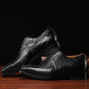 brown 鳄鱼皮皮鞋男士商务休闲系带鞋高档手工正装舒适耐磨皮鞋 黑色