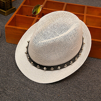 铆钉爵士帽潮帽子女夏天男士英伦礼帽子遮阳帽沙滩小礼帽 尖顶 白色