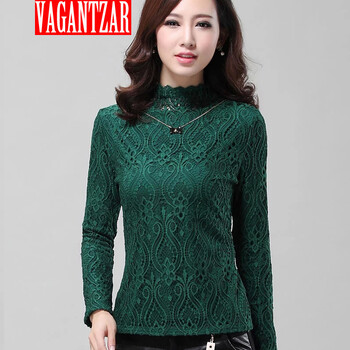 VAGANTZAR 秋冬2014新款保暖上衣大码半高领加绒加厚蕾丝打底衫 长袖 黑色 XXL