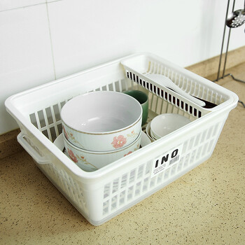 inomata 日本进口塑料带盖厨房沥水架 碗碟收纳架 厨房必备多功能餐具收纳碗架 白色