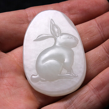皇顺 和田玉白玉生肖兔玉牌男女款挂件吊坠 单件