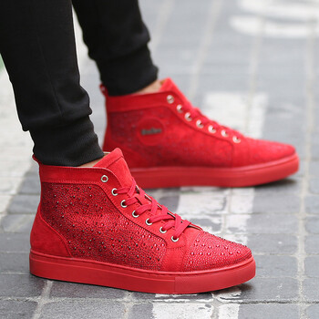 踏龙坊秋季新品红底鞋水钻高帮鞋男铆钉红色板鞋红色欧美夜店烫钻男鞋