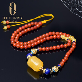 欧采妮 天然琥珀吊坠 鸡油黄蜜蜡桶珠毛衣链女 南红玛瑙掐丝珐琅 蜜蜡手串 