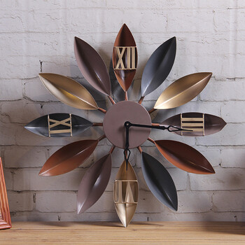 时光物语美式复古怀旧工业风铁艺叶子挂钟客厅卧室壁钟壁饰仿古静音