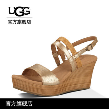 ugg 女士牛皮凉鞋时尚舒适坡跟丁字式扣带 女鞋1006956 gwsh 38