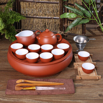 紫砂茶具茶壶整套紫砂茶具 白釉圆形茶船茶盘茶海茶壶茶碗 红内白传统