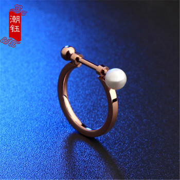 潮钰 火柴棍贝母珍珠戒指钛钢镀玫瑰金色 火柴棍戒指 美号8号