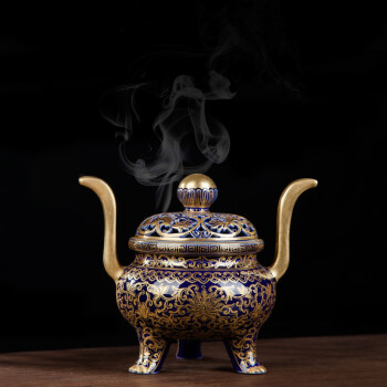 梵窑重器仿清乾隆霁蓝釉镂空雕花金边三足双耳香炉景德镇陶瓷佛具供奉