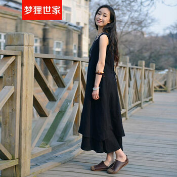 梦狸世家 2016夏季新款森女系棉麻连衣裙女 宽松亚麻长裙 8011 黑色 L