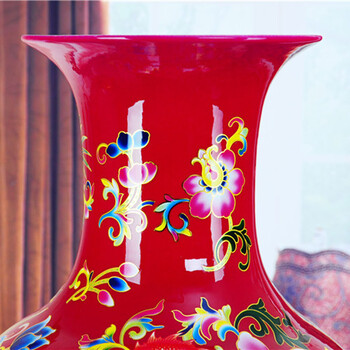 
                                        陶瓷家居摆件景德镇陶瓷红龙凤呈祥 简约现代鱼尾花瓶带底座 红色                