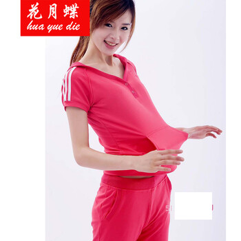 
                                        花月碟 夏季女士短袖长裤休闲套装韩版短袖套装女夏款运动 酒红色 M                