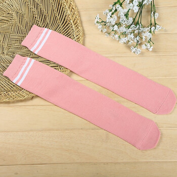 春秋精梳棉长筒袜50cm两条杠无脚跟中筒袜过膝学生校服袜子 粉红白条