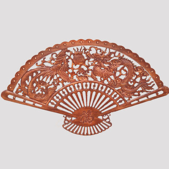 礼之缘 中式装修香樟木东阳木雕挂件 扇形镂空扇子玄关壁饰牡丹鱼100*