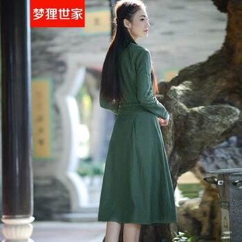 梦狸世家 秋冬立领刺绣纯色修身显瘦抽绳长袖棉麻连衣裙高腰中长裙 6251 绿色 M