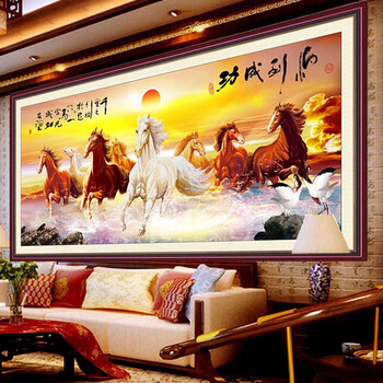 
                                        K-S八骏图十字绣客厅新款金色八骏大版马到成功客厅大幅 11CT大版棉线印花                