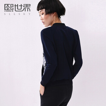 熙世界2015秋装新品通勤韩版插肩袖印花拼接立领短外套女LD069 深宝蓝 2XL