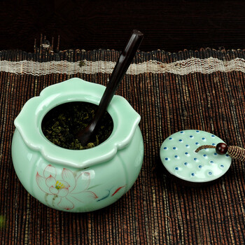 
                                        唐丰功夫茶具配件手绘青瓷陶瓷存储茶叶罐 青瓷方形摇滟茶叶罐                