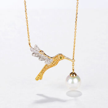 镀黄金蜂鸟钻石项链 白金强光珍珠钻石吊坠女