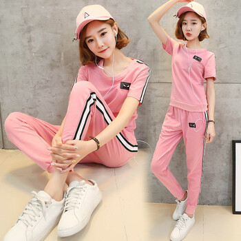 休闲运动套装女夏季 短袖长裤卫衣两件套学生运动服 粉色 4xl