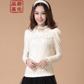 锐颖R.Y2016新款韩版秋装女装甜美上衣v领蕾丝雪纺衫修身网纱小衫长袖T恤889# 红色长袖 S