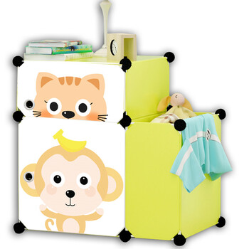 床头收纳柜抽屉式组装塑料床边杂物箱迷你儿童储物柜子 绿色全卡通 2