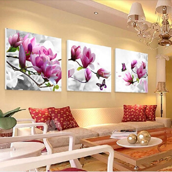 现代客厅沙发墙壁画装饰画三联画玉兰花卉墙画冰晶画玻璃无框挂画 粉