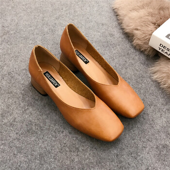 无界2017春季新款高跟鞋韩版女鞋方头粗跟复古奶奶鞋中跟浅口单鞋