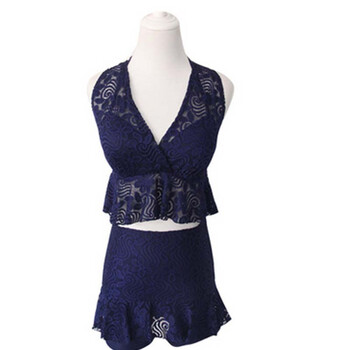 游泳衣比基尼分体泳衣女裙式温泉游泳衣 藏蓝色 b杯硅胶胸垫 m