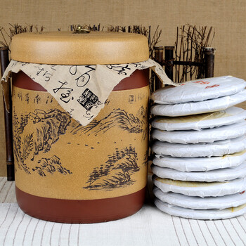 谱茗-铜扣山水紫砂茶叶罐 普洱储茶醒茶罐 茶缸十二饼装
