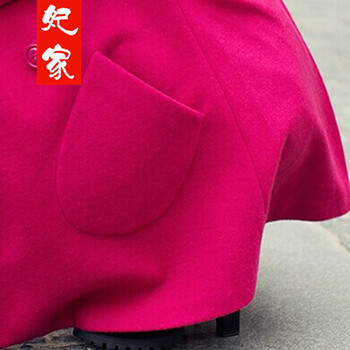 妃家 秋冬新款毛呢大衣中长款宽松斗篷外套超大毛领双排扣呢子大衣包邮 玫红色 S