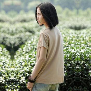 
                                        闲然 2019夏装新款女装文艺范宽松棉T恤印花针织圆领短袖女t恤 夏 卡其色 S (155/80A)                
