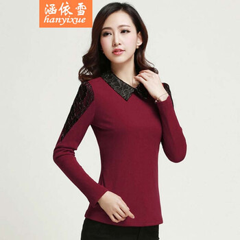 涵依雪 2015秋冬时尚打底衫长袖女长款秋新款娃娃领网纱加绒冬厚蕾丝衫 黑色 XL