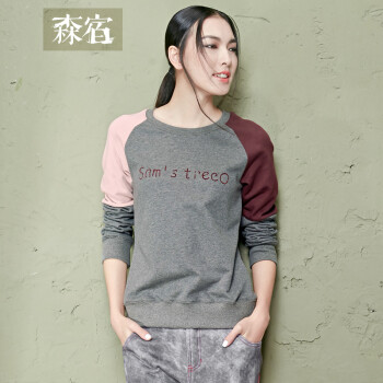 森宿 旅行 2015新款冬装 文艺印花拼接圆领长袖t恤女 2434081 枣红 M