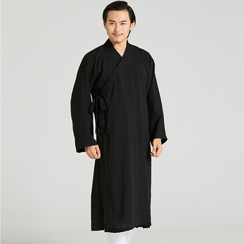 道教长褂长袍道服亚麻道袍男道衣女 道士服装 黑色 xs