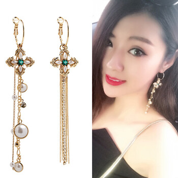 维维公主韩国水钻流苏十字架长款耳环欧美潮人复古气质耳圈珍珠吊坠