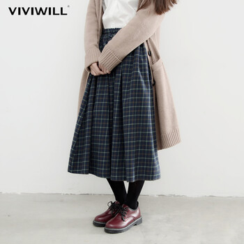 VIVIWILL 2016秋装新款纯棉印花格子半身裙休闲复古文艺显瘦百褶中长裙 女 墨绿色 均码