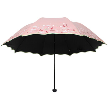 天堂伞 完美旅行丝光绒黑胶丝印三折蘑菇公主晴雨伞太阳伞 玉红 33190E