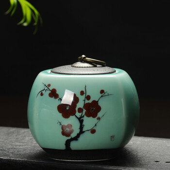 御泉茶叶罐陶瓷手绘荷花普洱罐存茶罐大号精品手工茶盒醒茶罐密封罐 款式二
