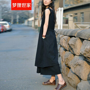 梦狸世家 2016夏季新款森女系棉麻连衣裙女 宽松亚麻长裙 8011 黑色 L