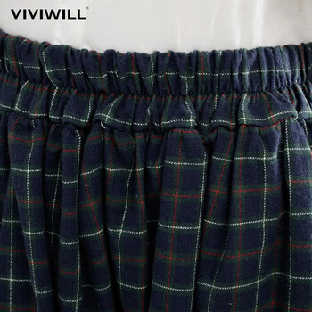 VIVIWILL 2016秋装新款纯棉印花格子半身裙休闲复古文艺显瘦百褶中长裙 女 墨绿色 均码